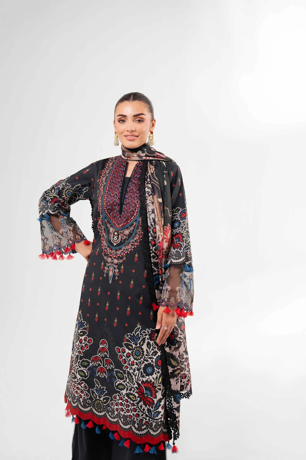 Nishat Linen 3-Piece Digital Printed Embroidered Suit – Jet Black & Multi-Color