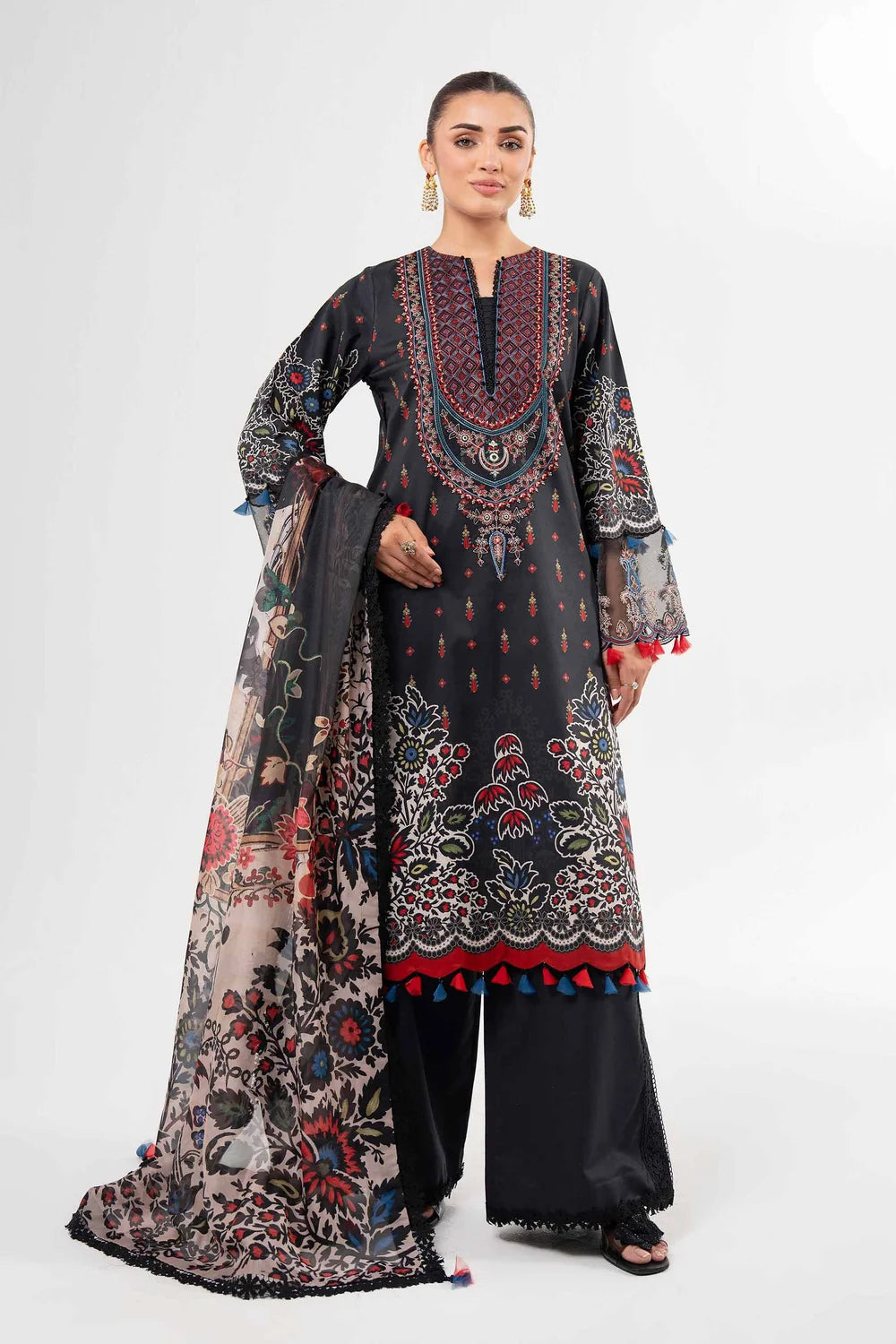 Nishat Linen 3-Piece Digital Printed Embroidered Suit – Jet Black & Multi-Color