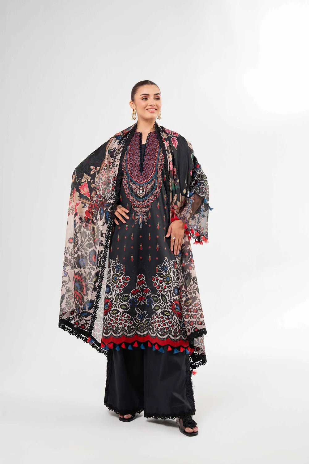 Nishat Linen 3-Piece Digital Printed Embroidered Suit – Jet Black & Multi-Color