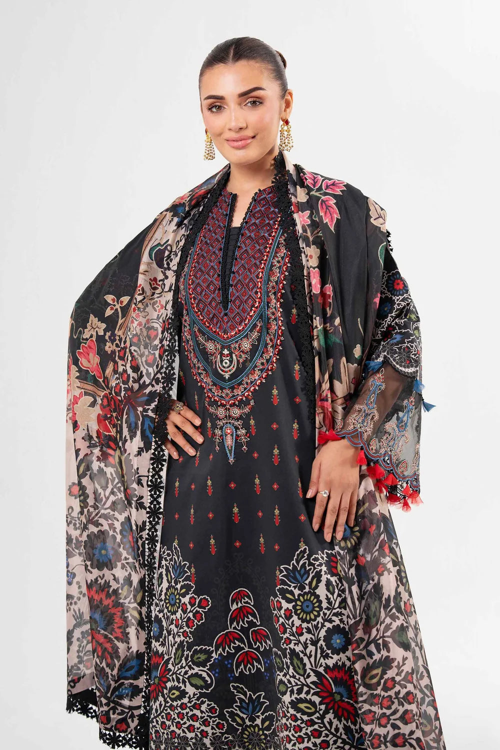 Nishat Linen 3-Piece Digital Printed Embroidered Suit – Jet Black & Multi-Color