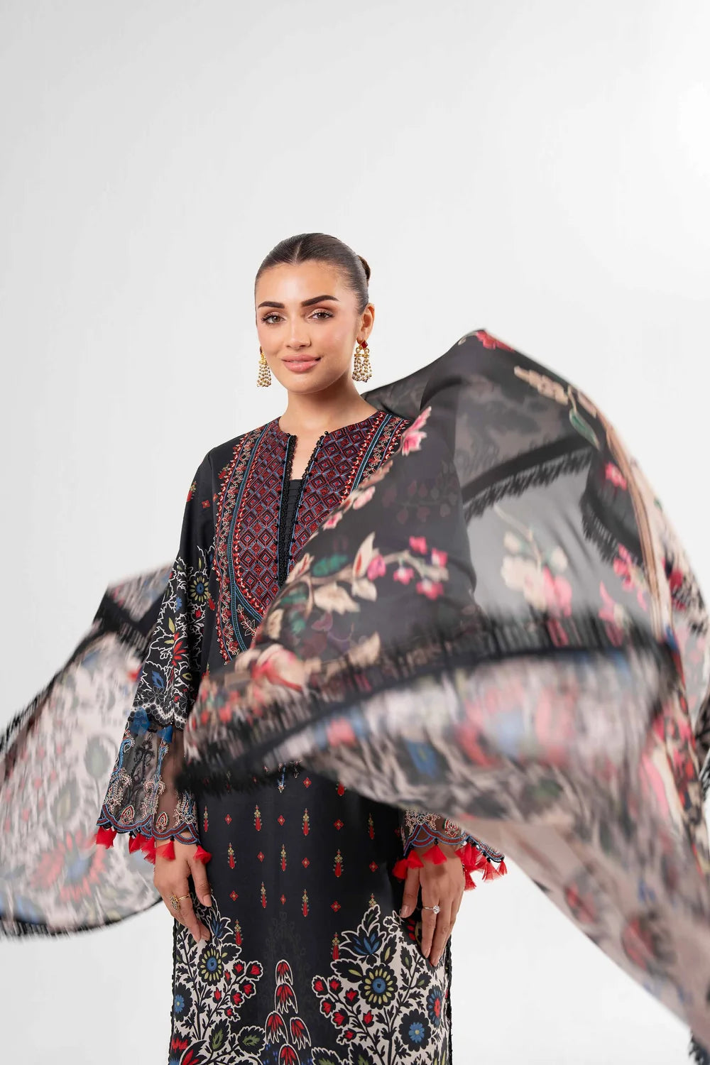 Nishat Linen 3-Piece Digital Printed Embroidered Suit – Jet Black & Multi-Color