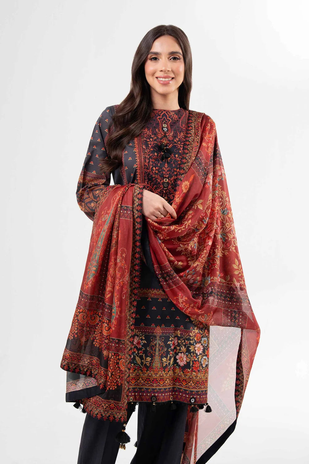 Nishat Linen 3-Piece Digital Printed Embroidered Suit – Charcoal Grey & Rust