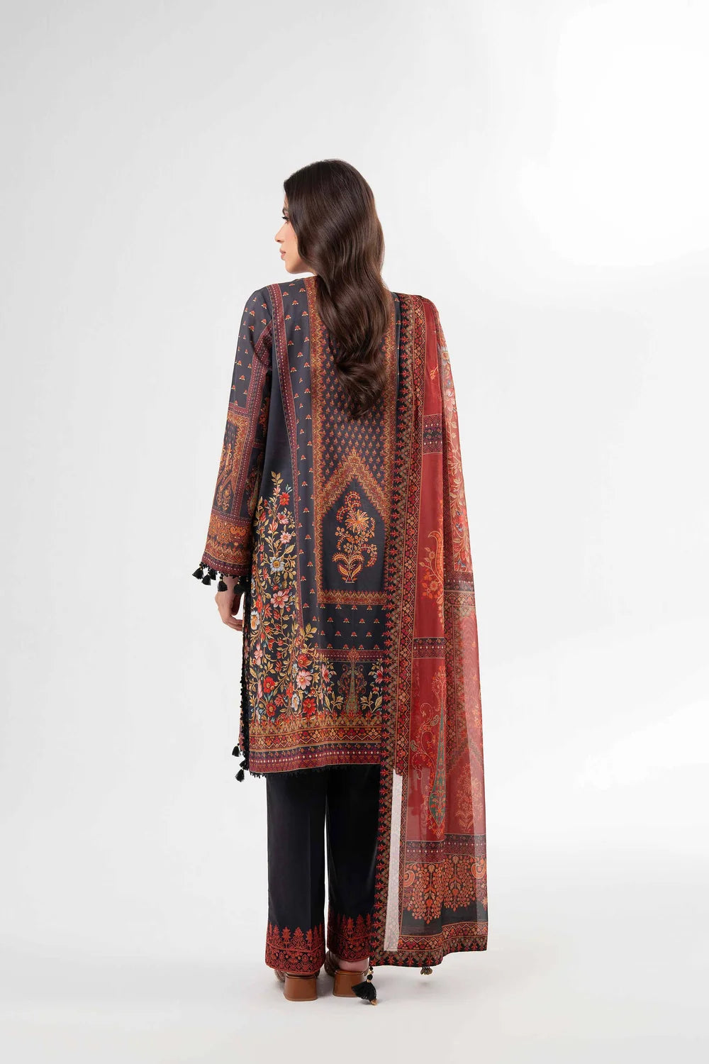Nishat Linen 3-Piece Digital Printed Embroidered Suit – Charcoal Grey & Rust