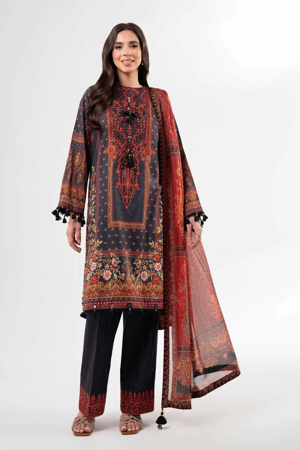 Nishat Linen 3-Piece Digital Printed Embroidered Suit – Charcoal Grey & Rust