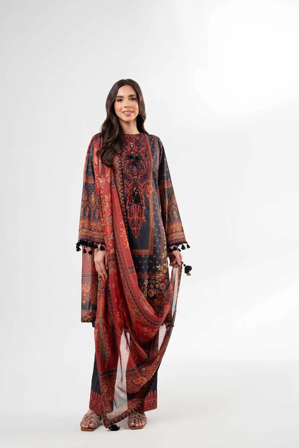 Nishat Linen 3-Piece Digital Printed Embroidered Suit – Charcoal Grey & Rust