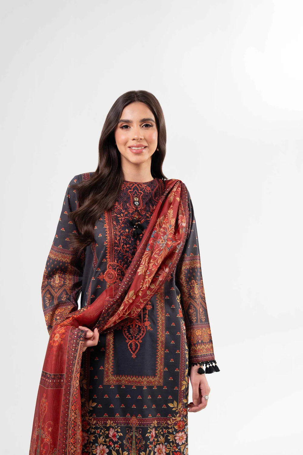 Nishat Linen 3-Piece Digital Printed Embroidered Suit – Charcoal Grey & Rust