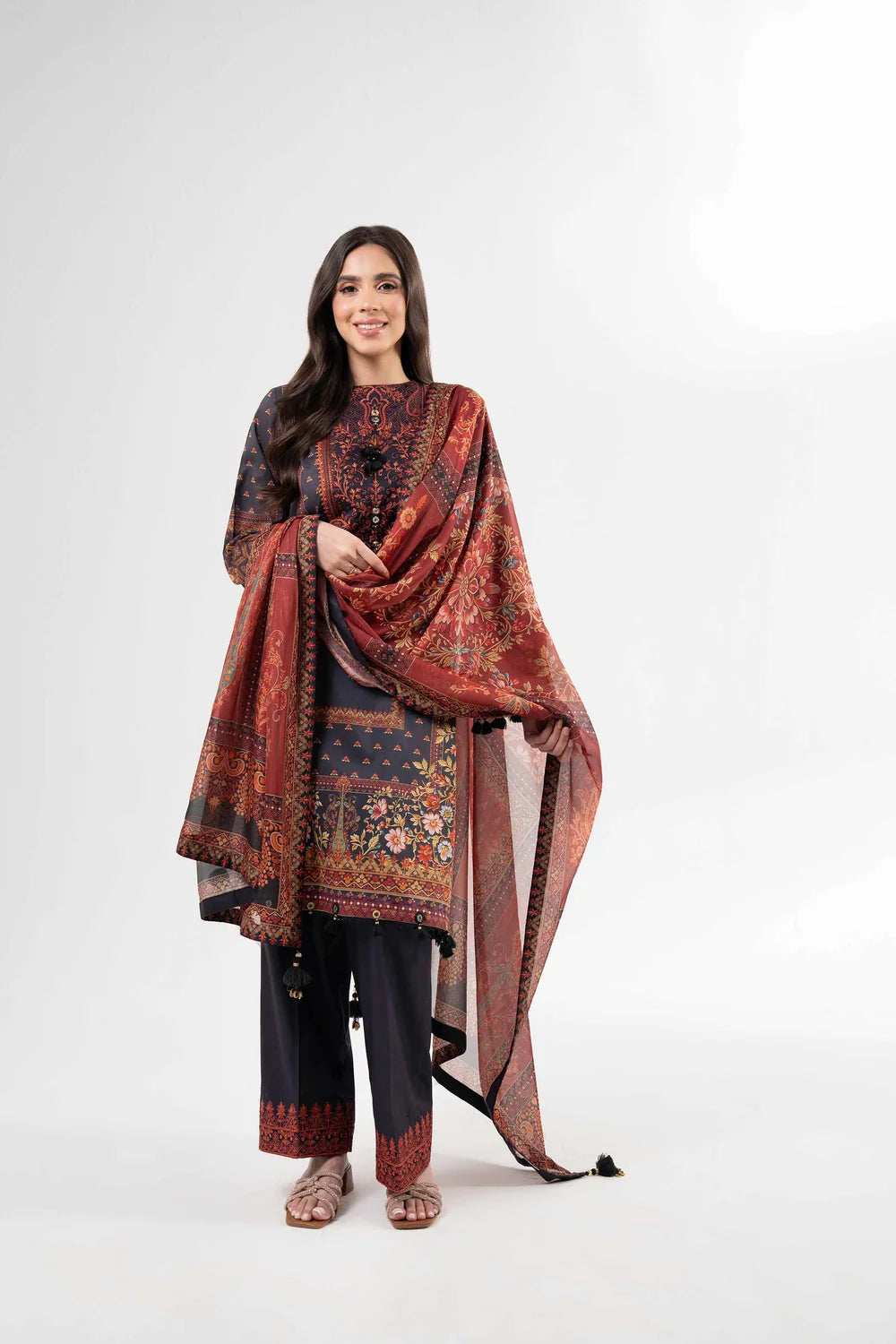 Nishat Linen 3-Piece Digital Printed Embroidered Suit – Charcoal Grey & Rust