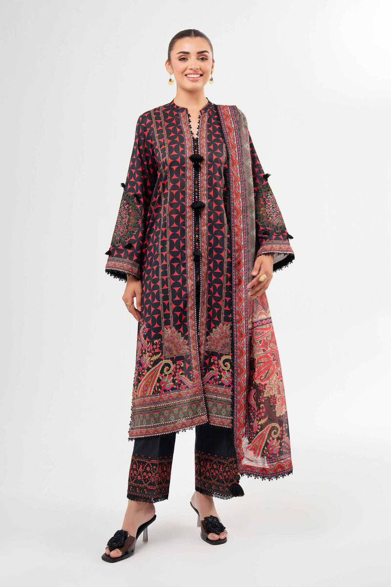 Nishat Linen 3-Piece Digital Printed Embroidered Suit – Pink & Black
