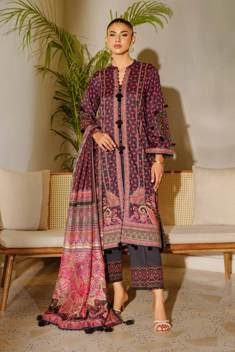 Nishat Linen 3-Piece Digital Printed Embroidered Suit – Pink & Black
