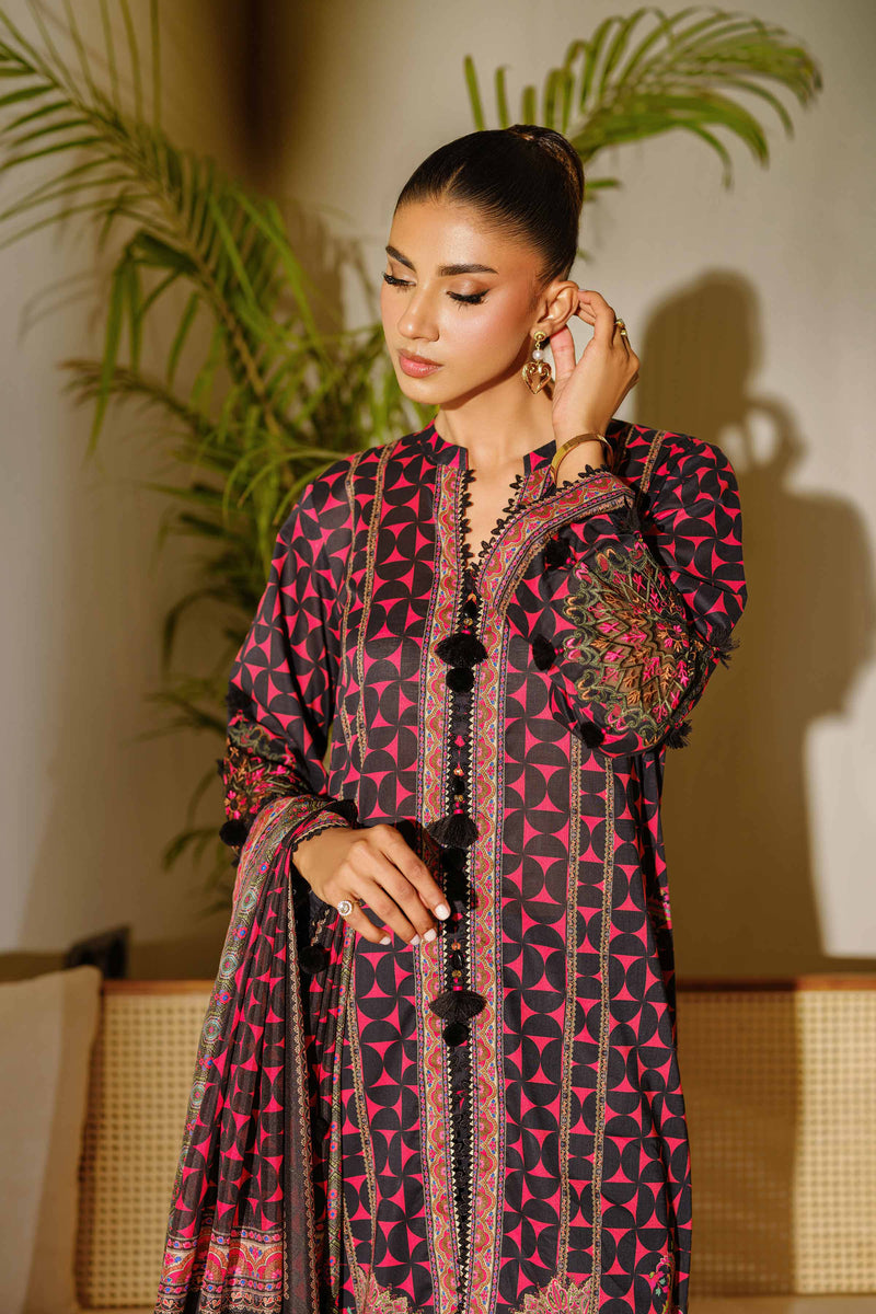 Nishat Linen 3-Piece Digital Printed Embroidered Suit – Pink & Black