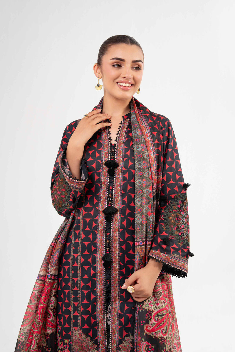 Nishat Linen 3-Piece Digital Printed Embroidered Suit – Pink & Black