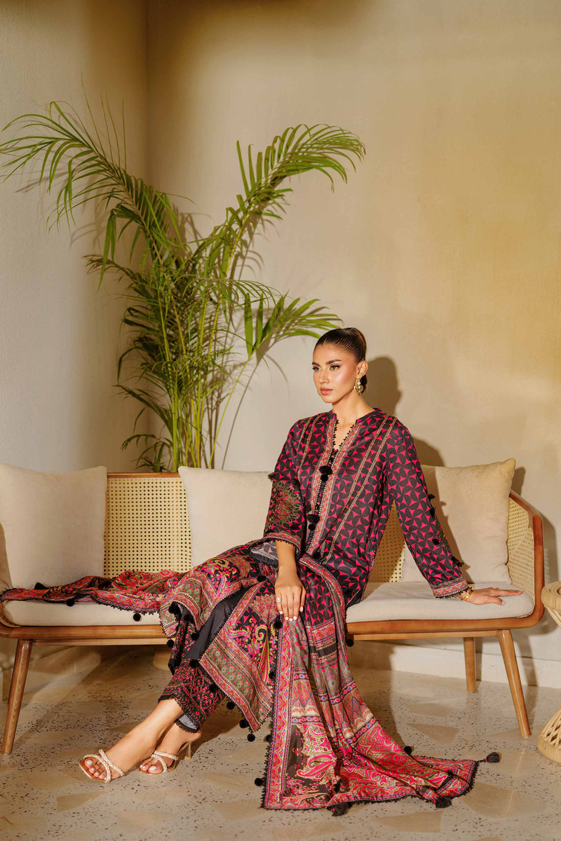 Nishat Linen 3-Piece Digital Printed Embroidered Suit – Pink & Black