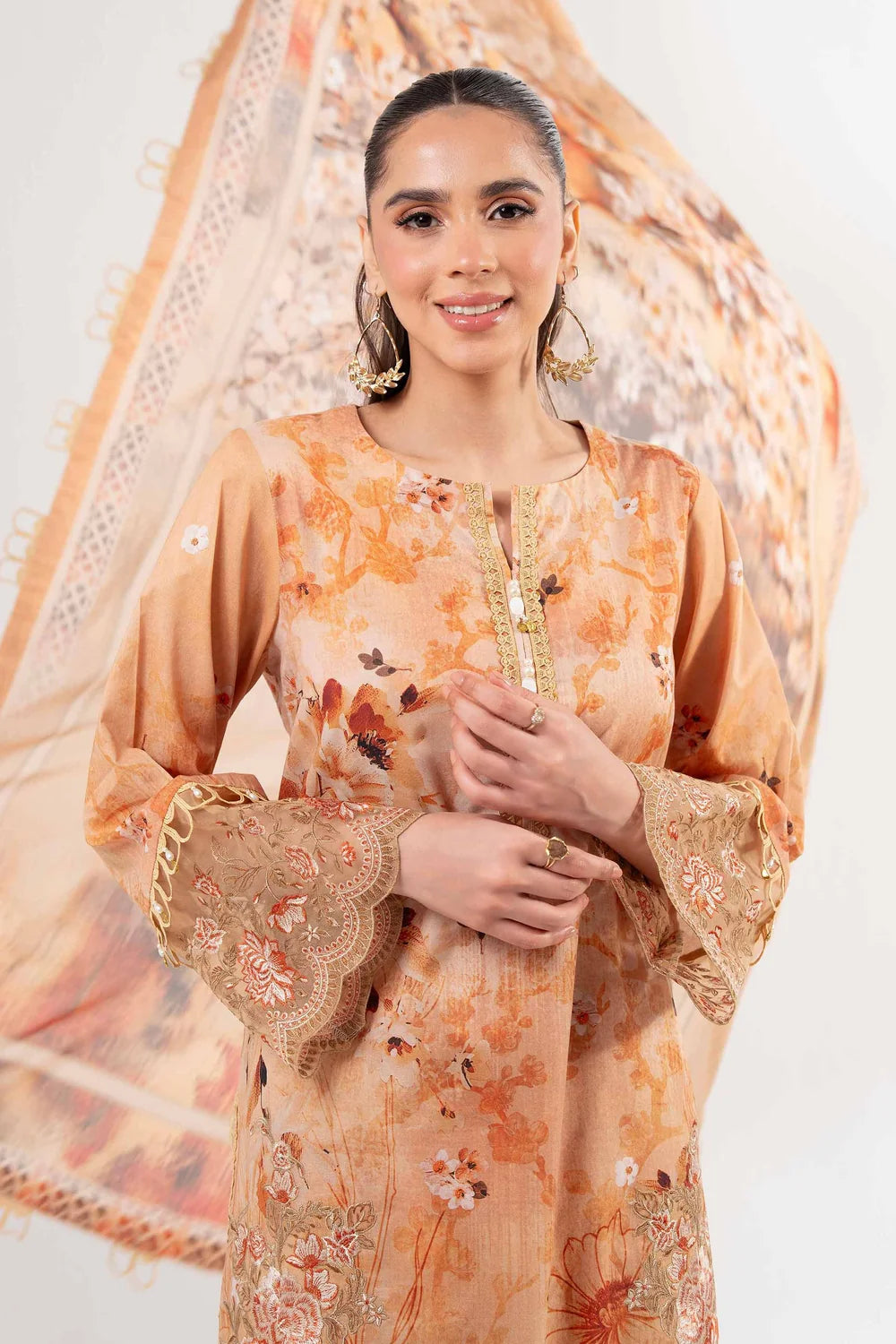 Nishat Linen 3-Piece Digitally Printed Embroidered Suit – Apricot Peach