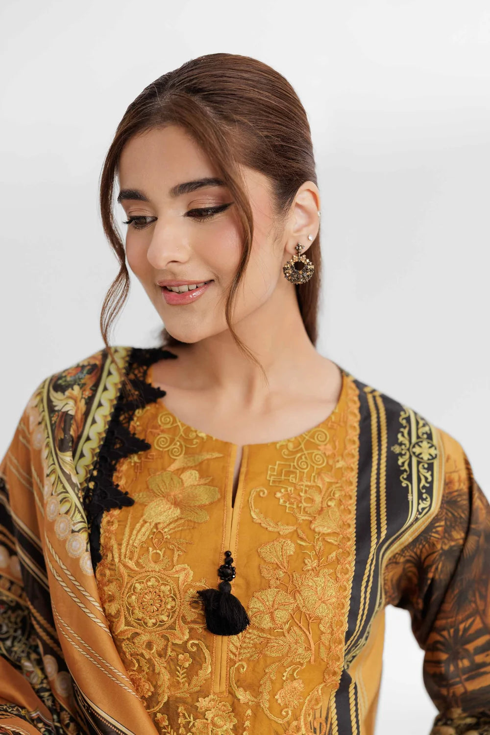 Nishat Linen 3-Piece Digital Printed Embroidered Suit – Mustard & Black Baroque