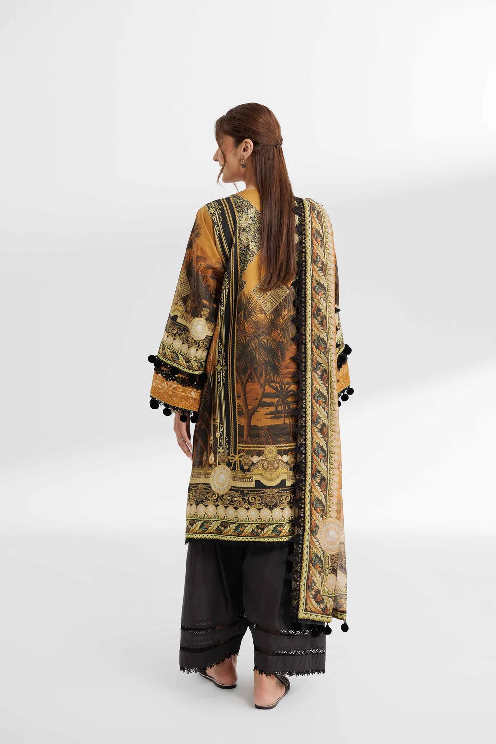 Nishat Linen 3-Piece Digital Printed Embroidered Suit – Mustard & Black Baroque