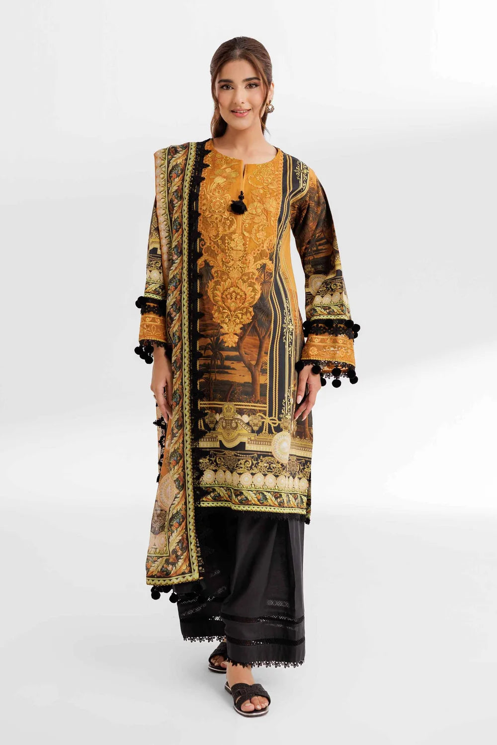Nishat Linen 3-Piece Digital Printed Embroidered Suit – Mustard & Black Baroque