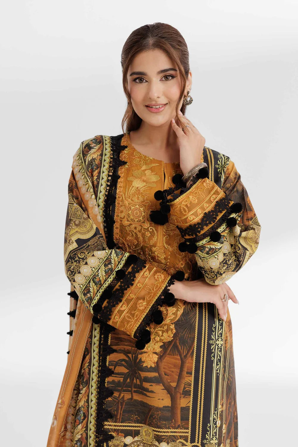Nishat Linen 3-Piece Digital Printed Embroidered Suit – Mustard & Black Baroque