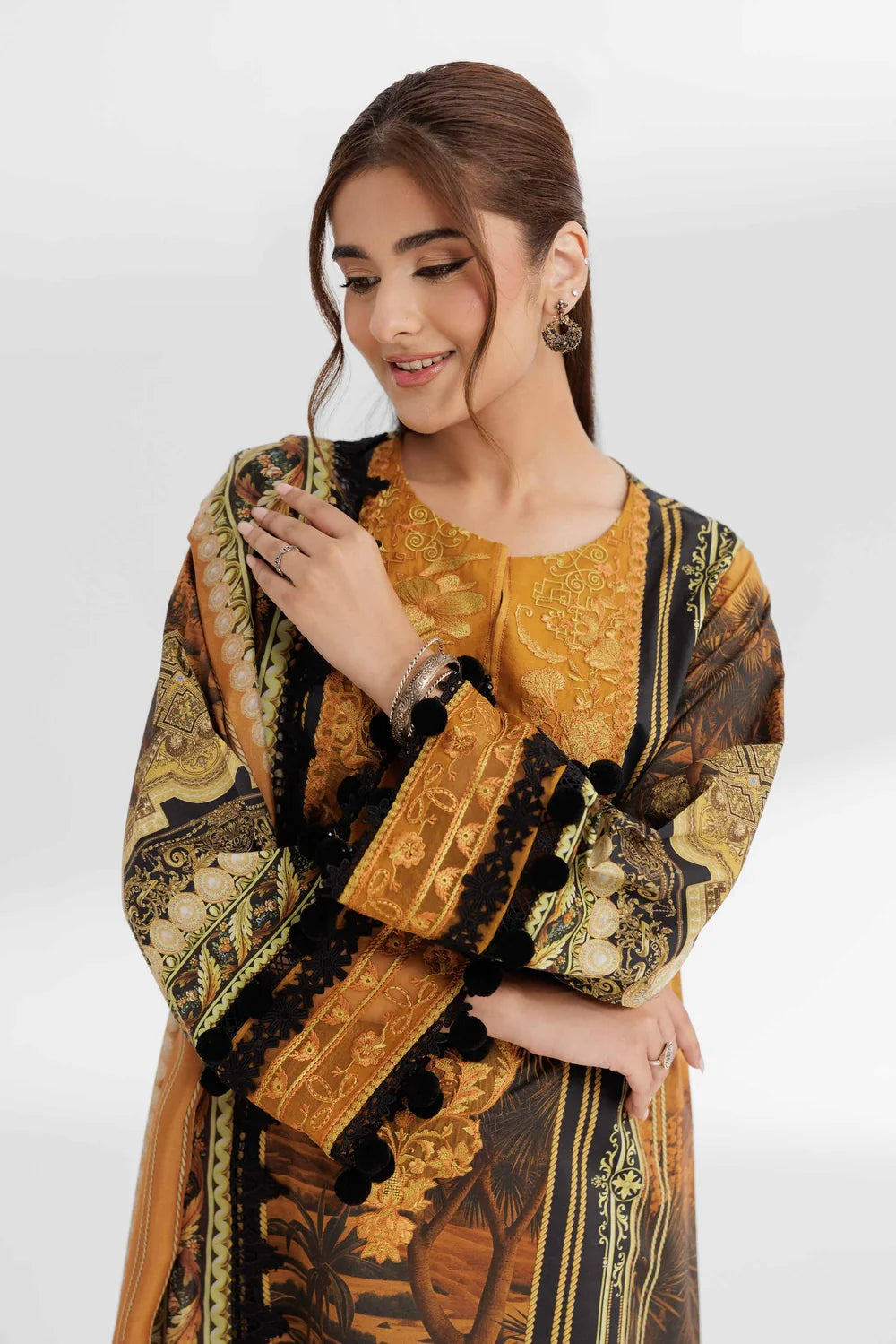 Nishat Linen 3-Piece Digital Printed Embroidered Suit – Mustard & Black Baroque