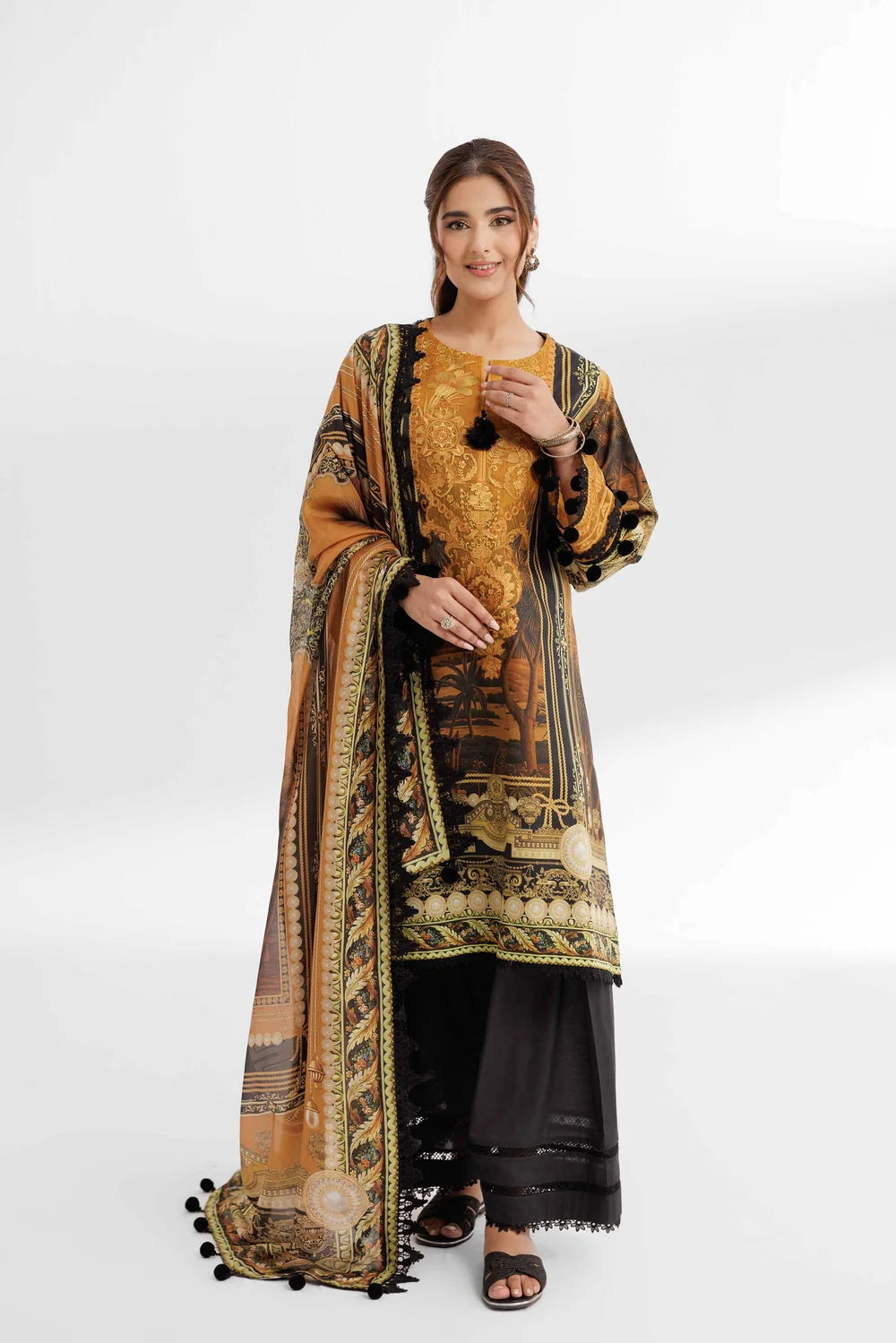 Nishat Linen 3-Piece Digital Printed Embroidered Suit – Mustard & Black Baroque