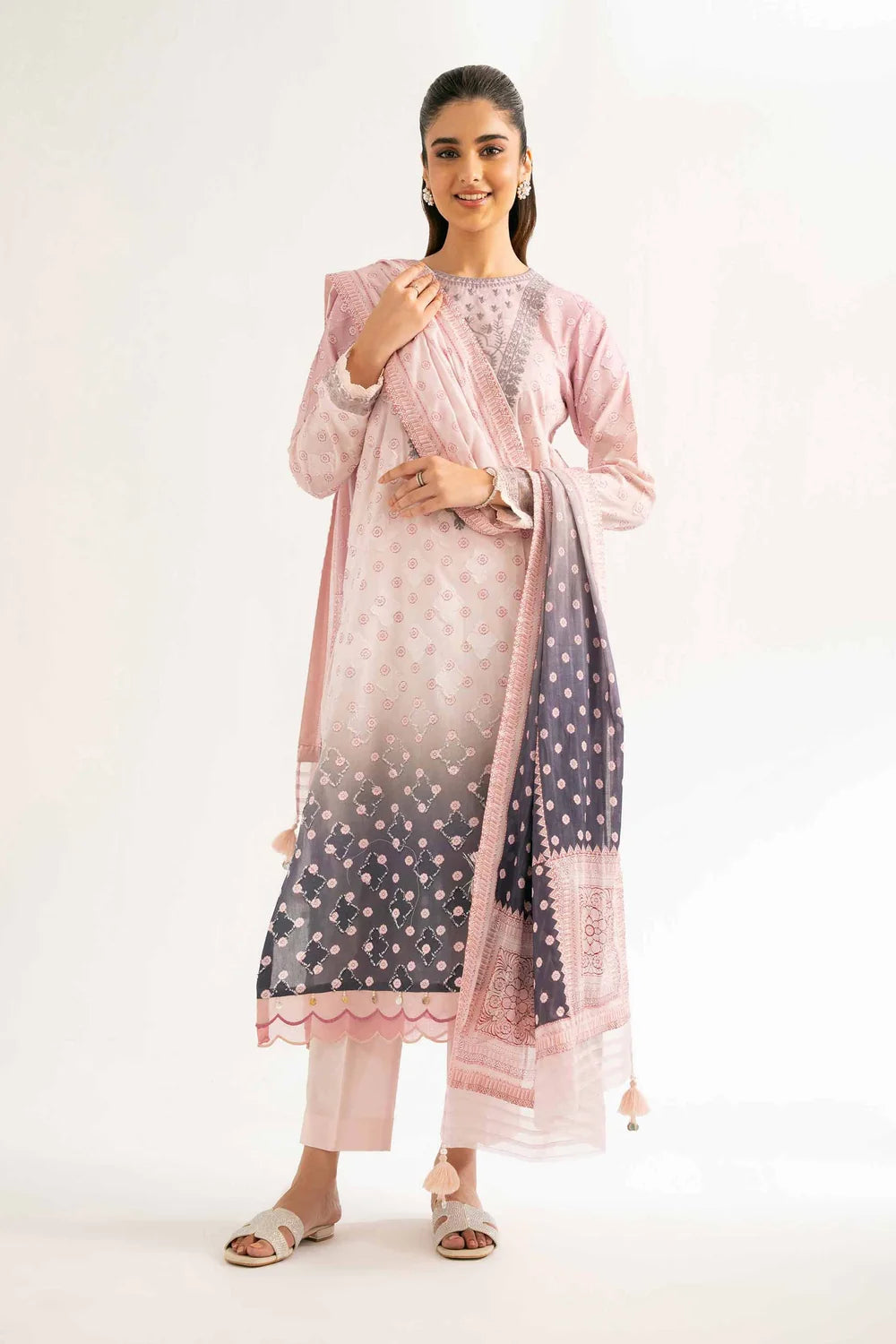 Nishat Linen 3-Piece Digital Printed Suit – Blush Pink & Charcoal Gradient