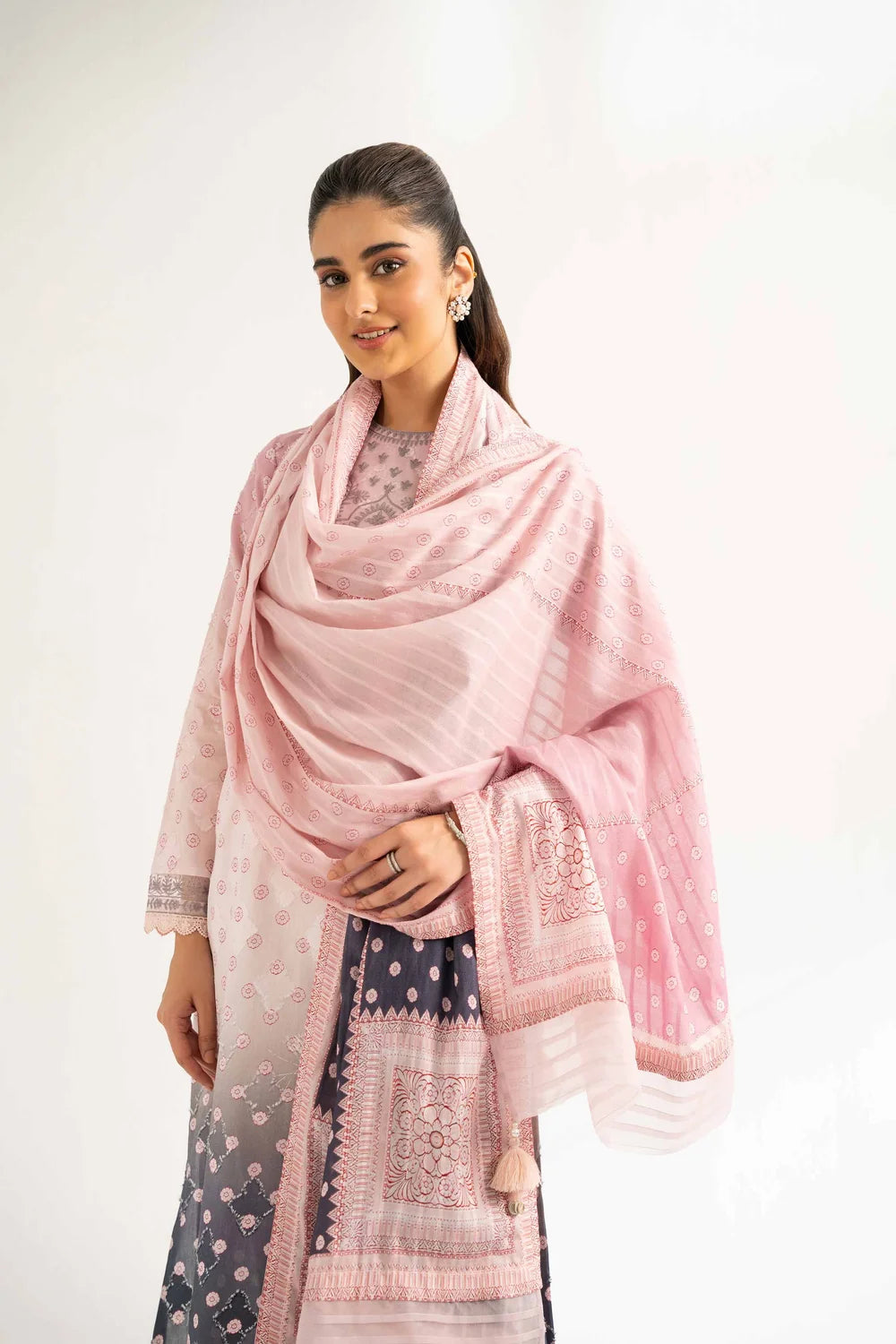 Nishat Linen 3-Piece Digital Printed Suit – Blush Pink & Charcoal Gradient