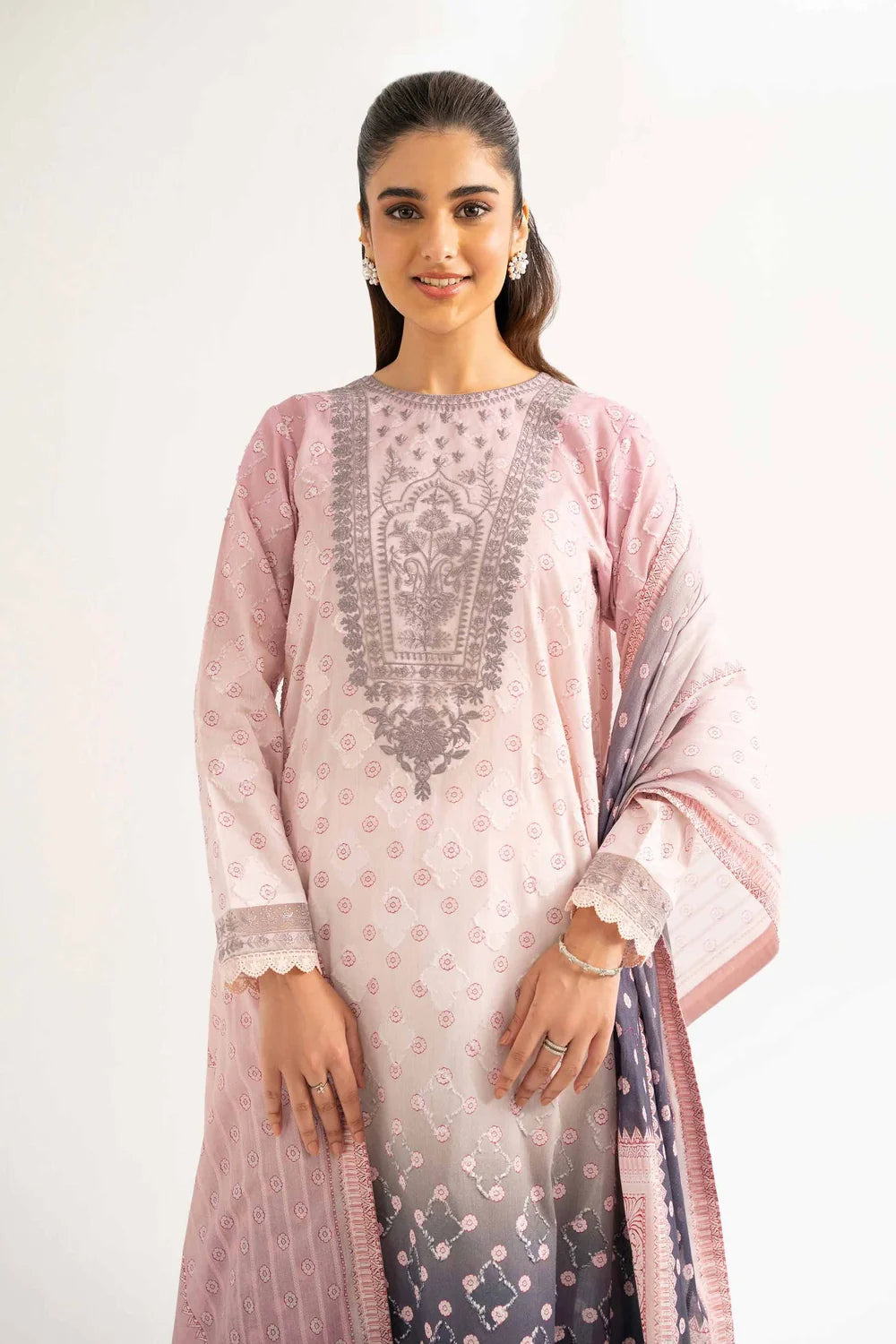 Nishat Linen 3-Piece Digital Printed Suit – Blush Pink & Charcoal Gradient