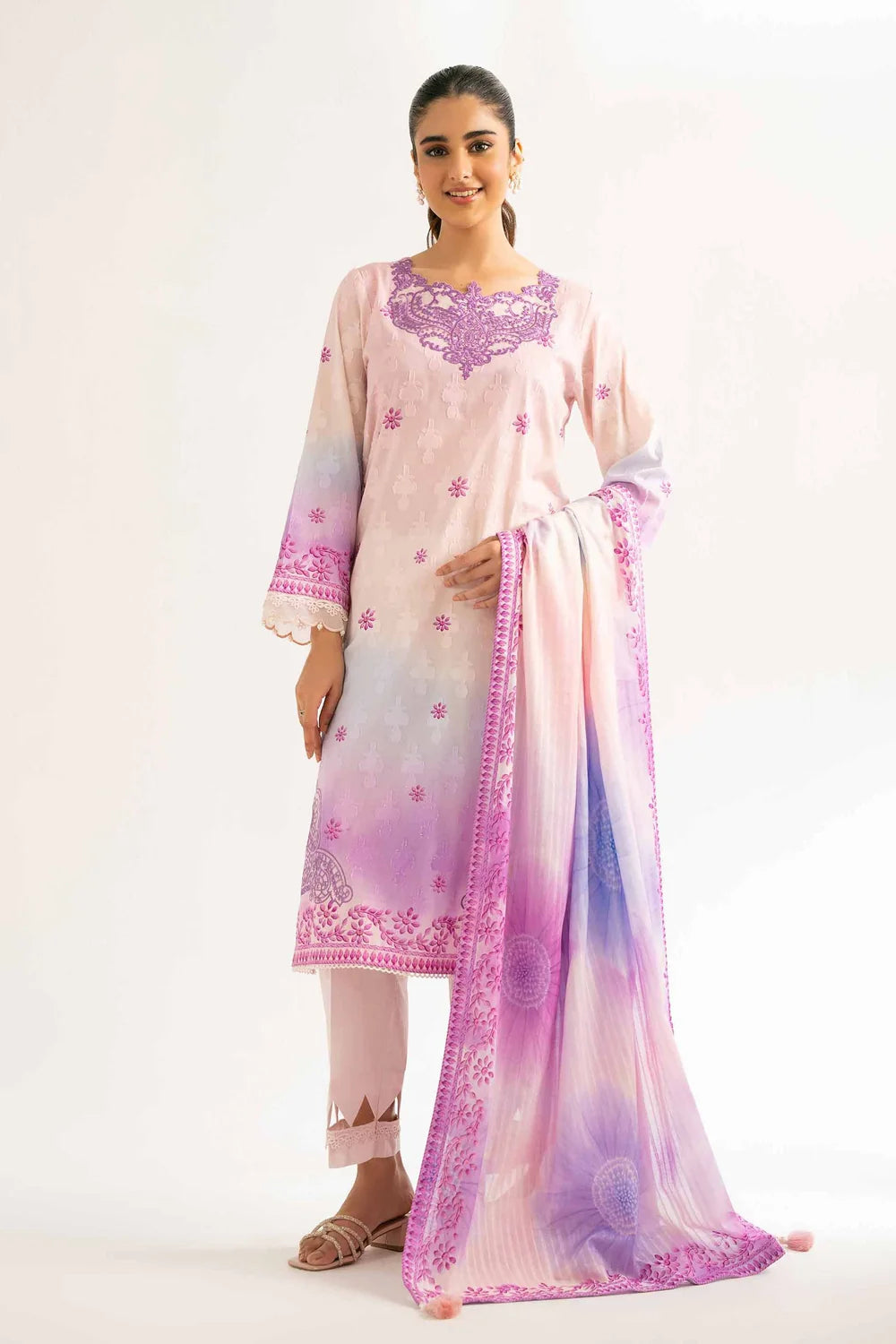 Nishat Linen 3-Piece Digital Printed Embroidered Suit – Pastel Ombre & Lavender