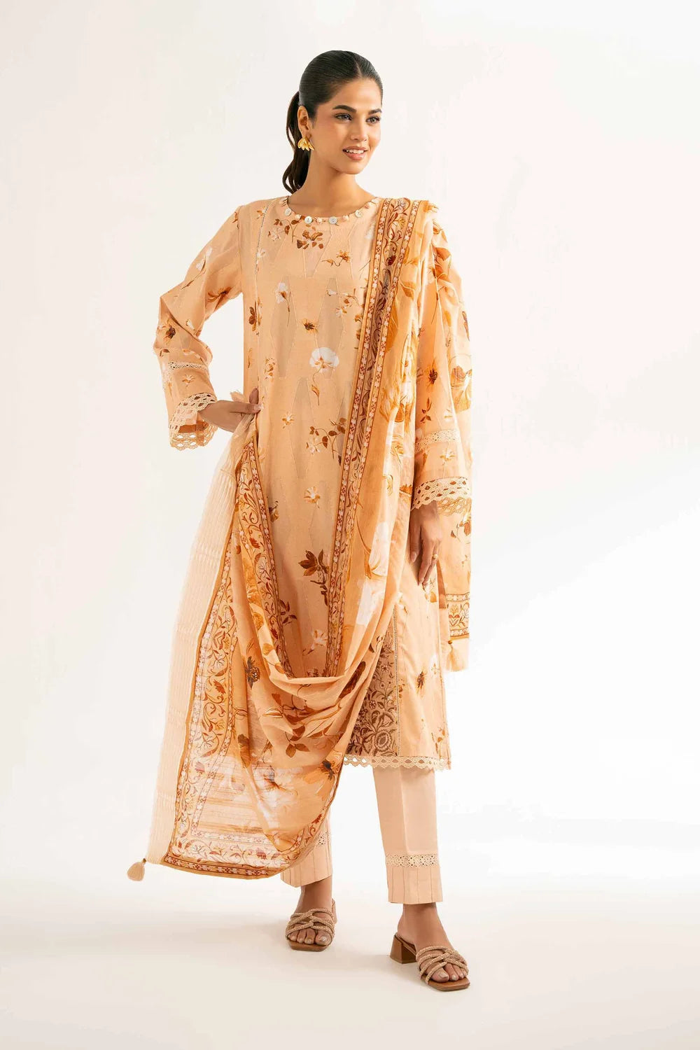Nishat Linen 3-Piece Digital Printed Suit – Soft Peach & Apricot Floral