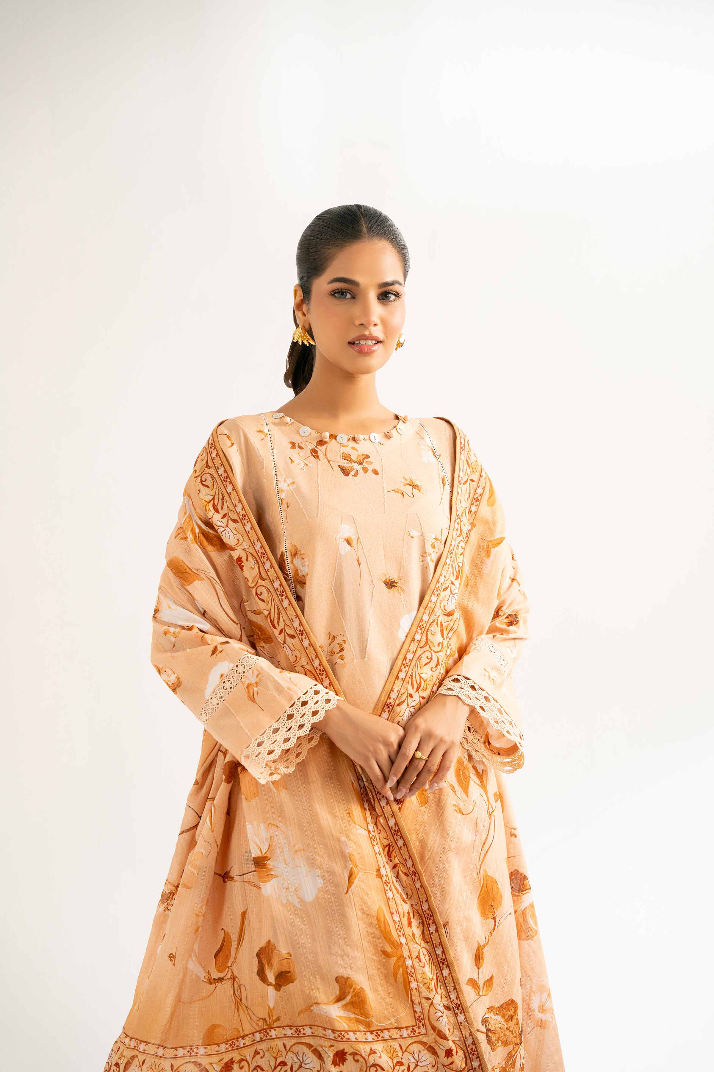 Nishat Linen 3-Piece Digital Printed Suit – Soft Peach & Apricot Floral