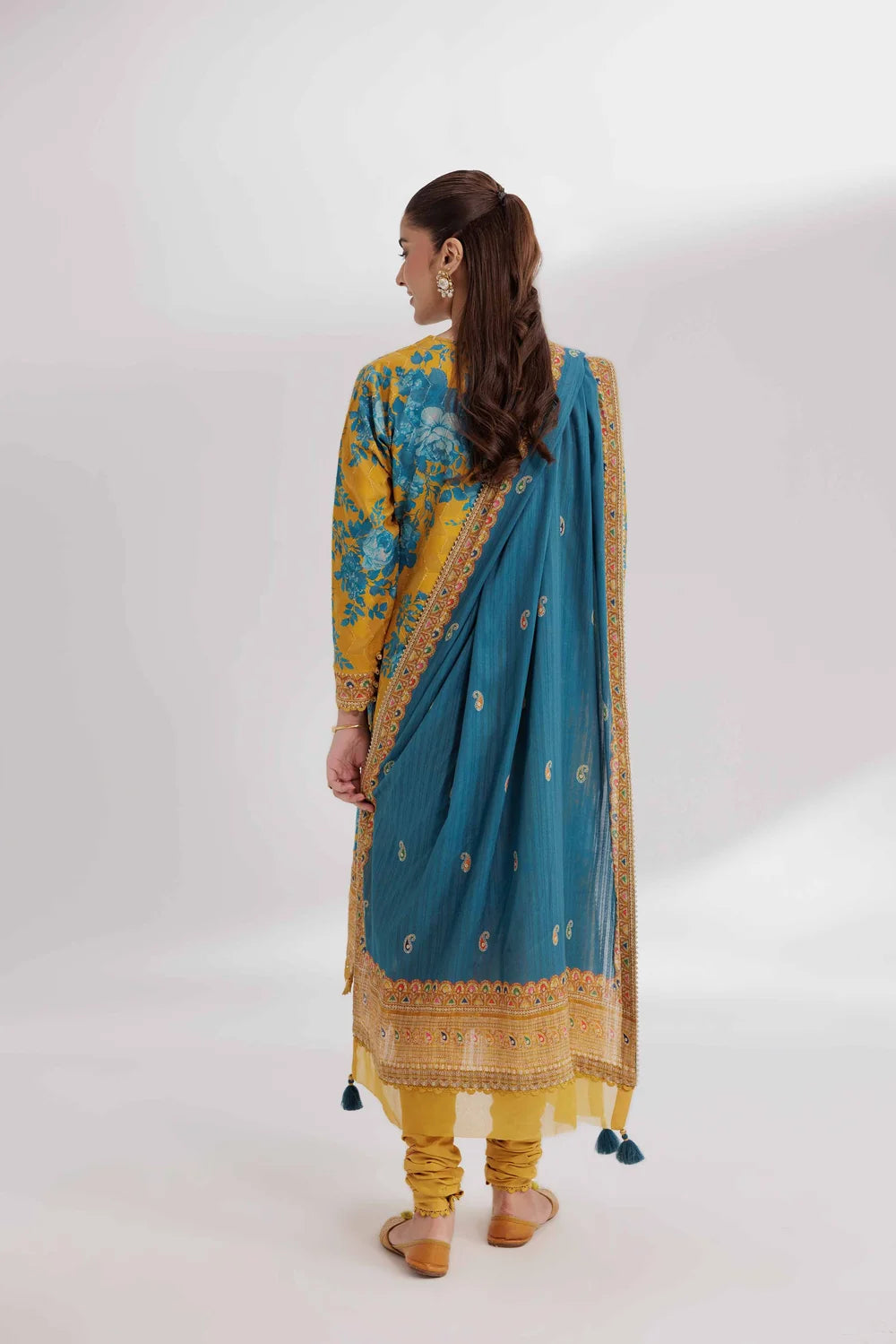 Nishat Linen 3-Piece Digital Printed Embroidered Suit – Mustard Yellow & Teal Blue