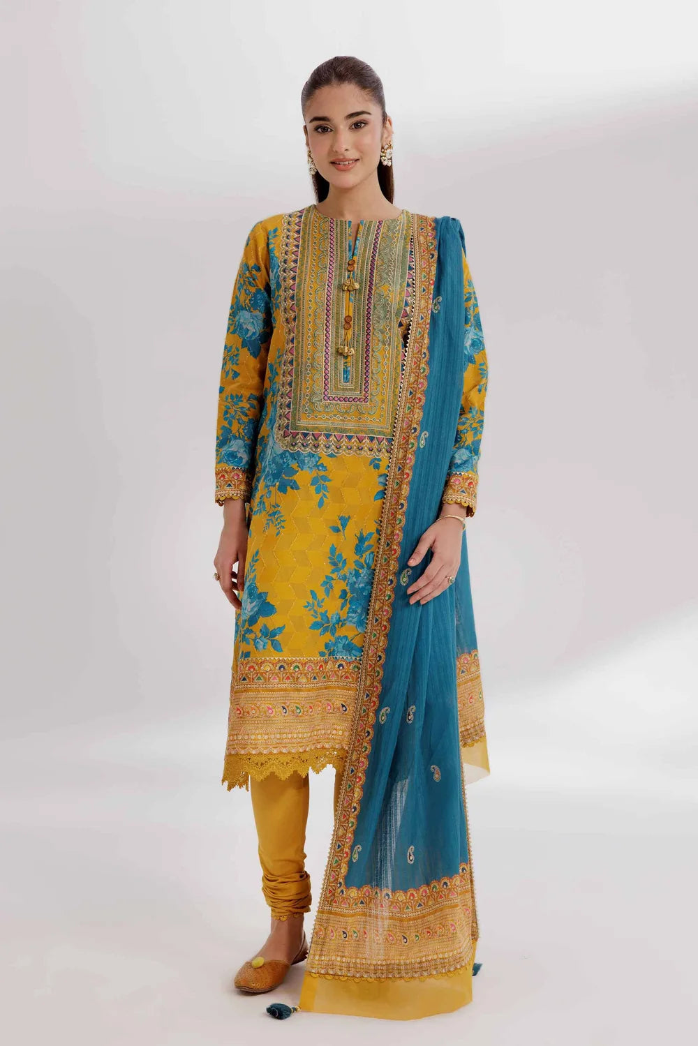 Nishat Linen 3-Piece Digital Printed Embroidered Suit – Mustard Yellow & Teal Blue