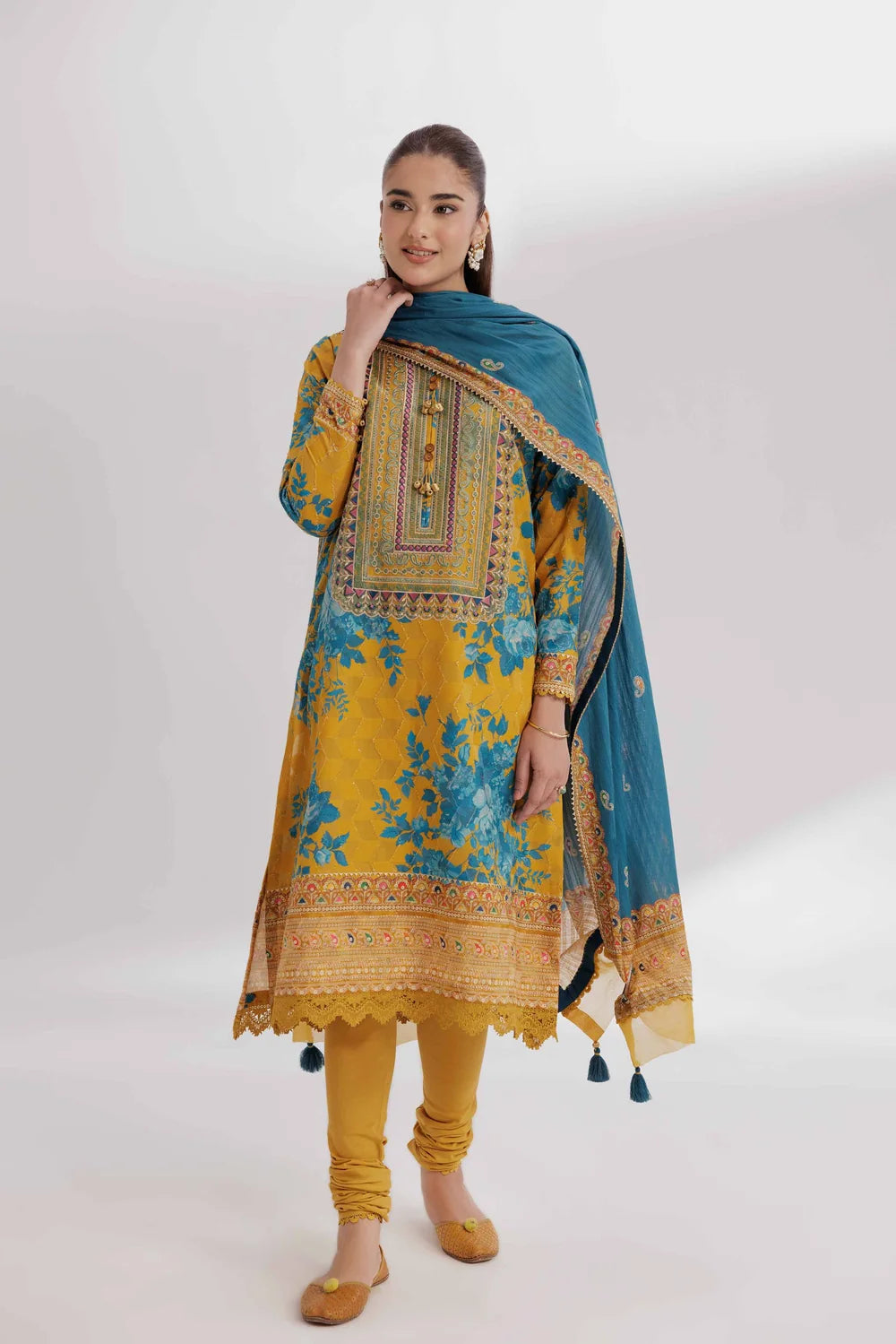 Nishat Linen 3-Piece Digital Printed Embroidered Suit – Mustard Yellow & Teal Blue