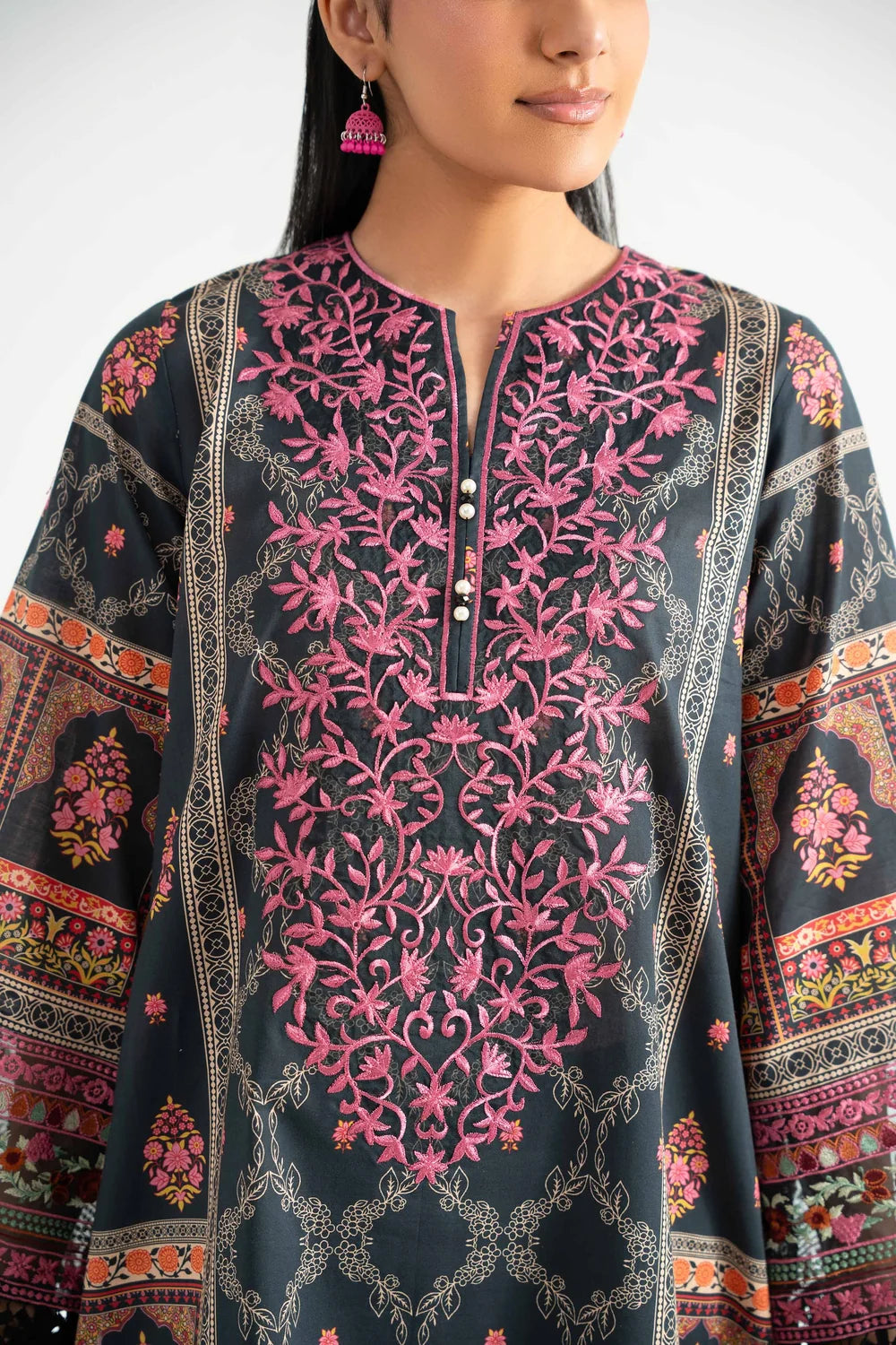 Nishat Linen 3-Piece Digital Printed Embroidered Suit – Charcoal Black & Fuchsia