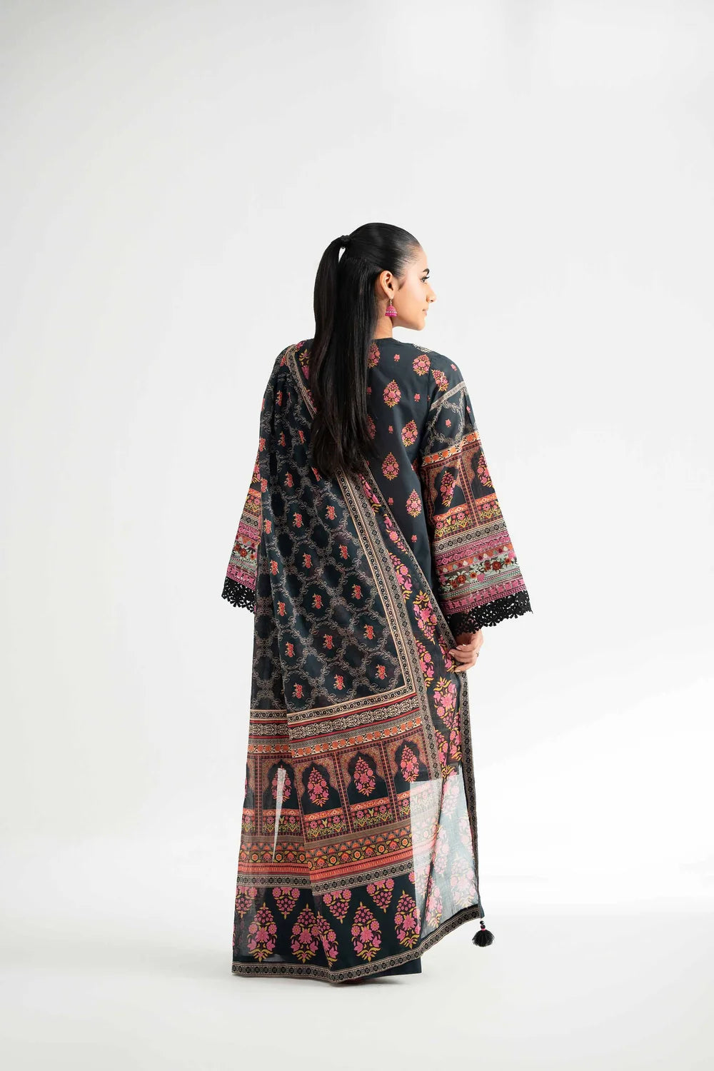 Nishat Linen 3-Piece Digital Printed Embroidered Suit – Charcoal Black & Fuchsia