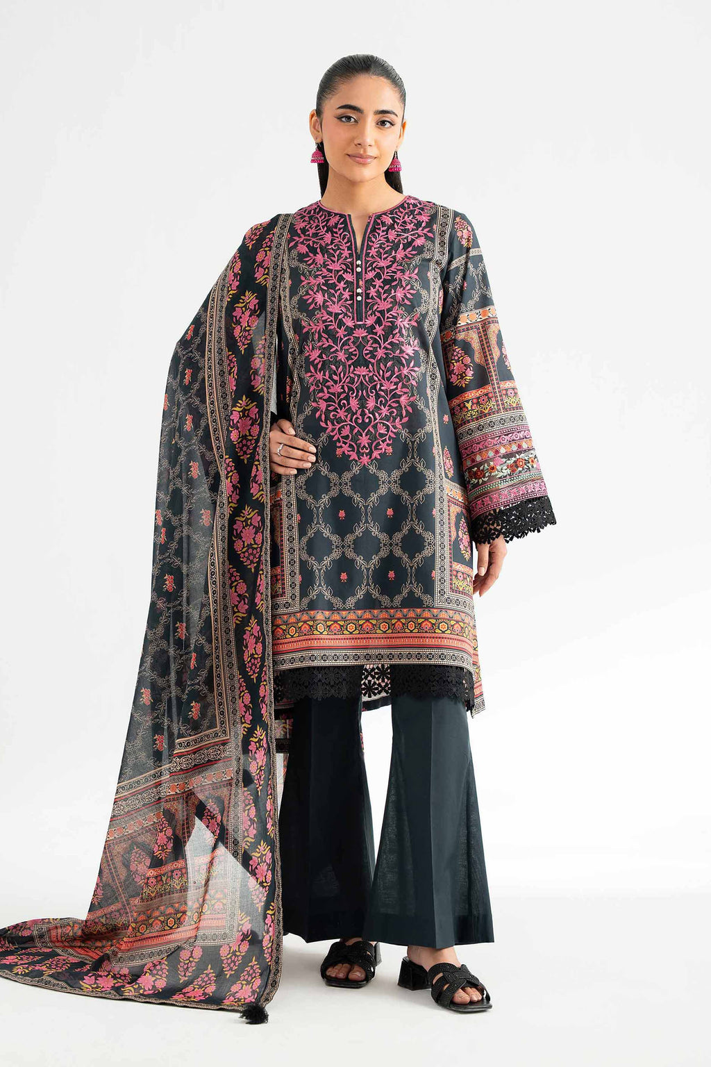 Nishat Linen 3-Piece Digital Printed Embroidered Suit – Charcoal Black & Fuchsia