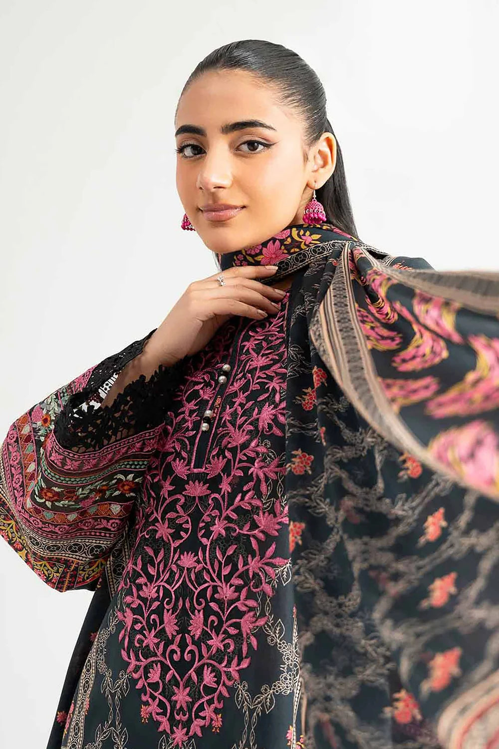 Nishat Linen 3-Piece Digital Printed Embroidered Suit – Charcoal Black & Fuchsia