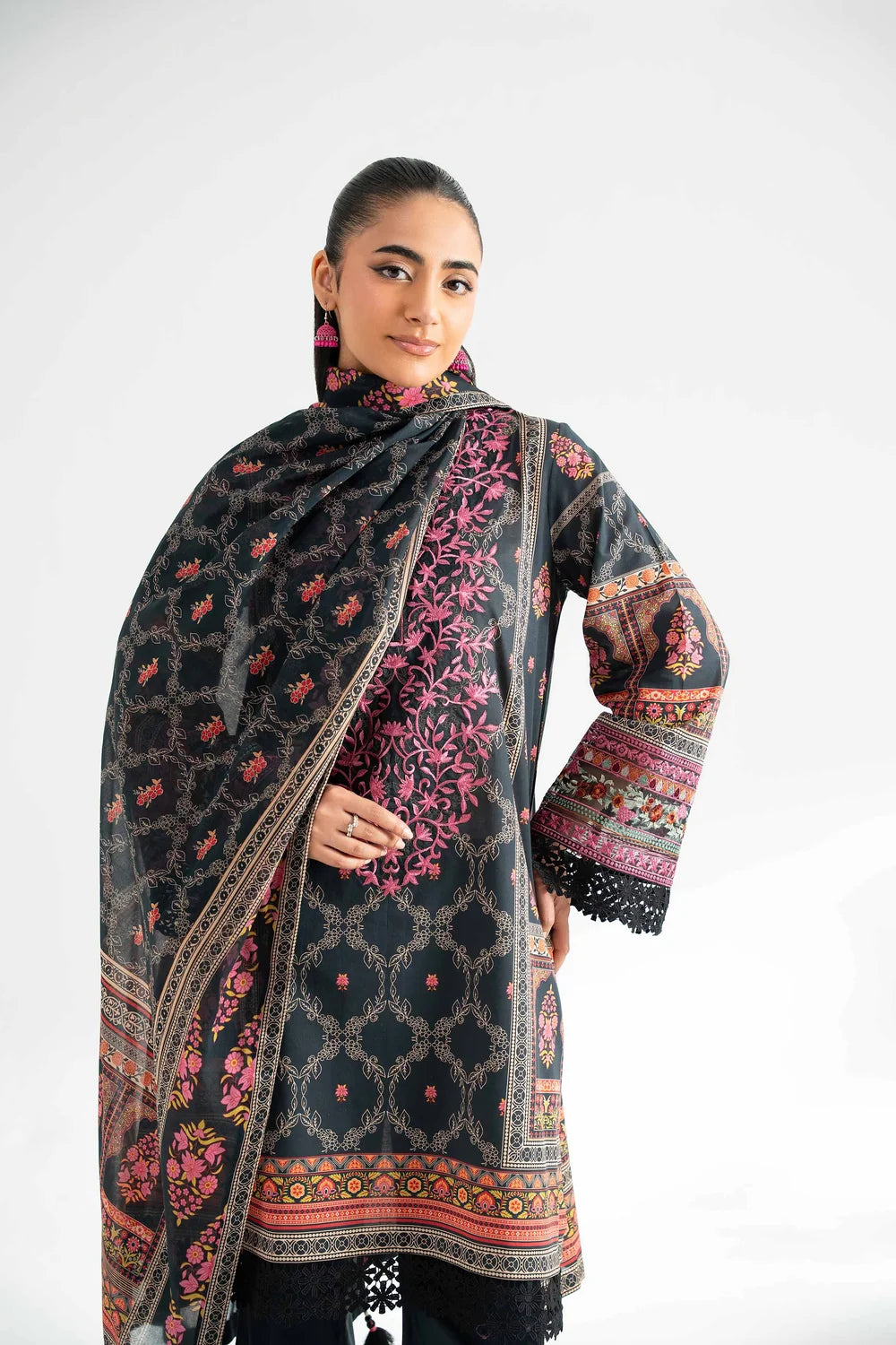 Nishat Linen 3-Piece Digital Printed Embroidered Suit – Charcoal Black & Fuchsia