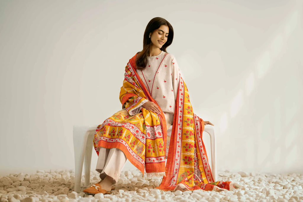 Nishat Linen 3-Piece Digitally Printed Embroidered Suit – Oatmeal & Mustard