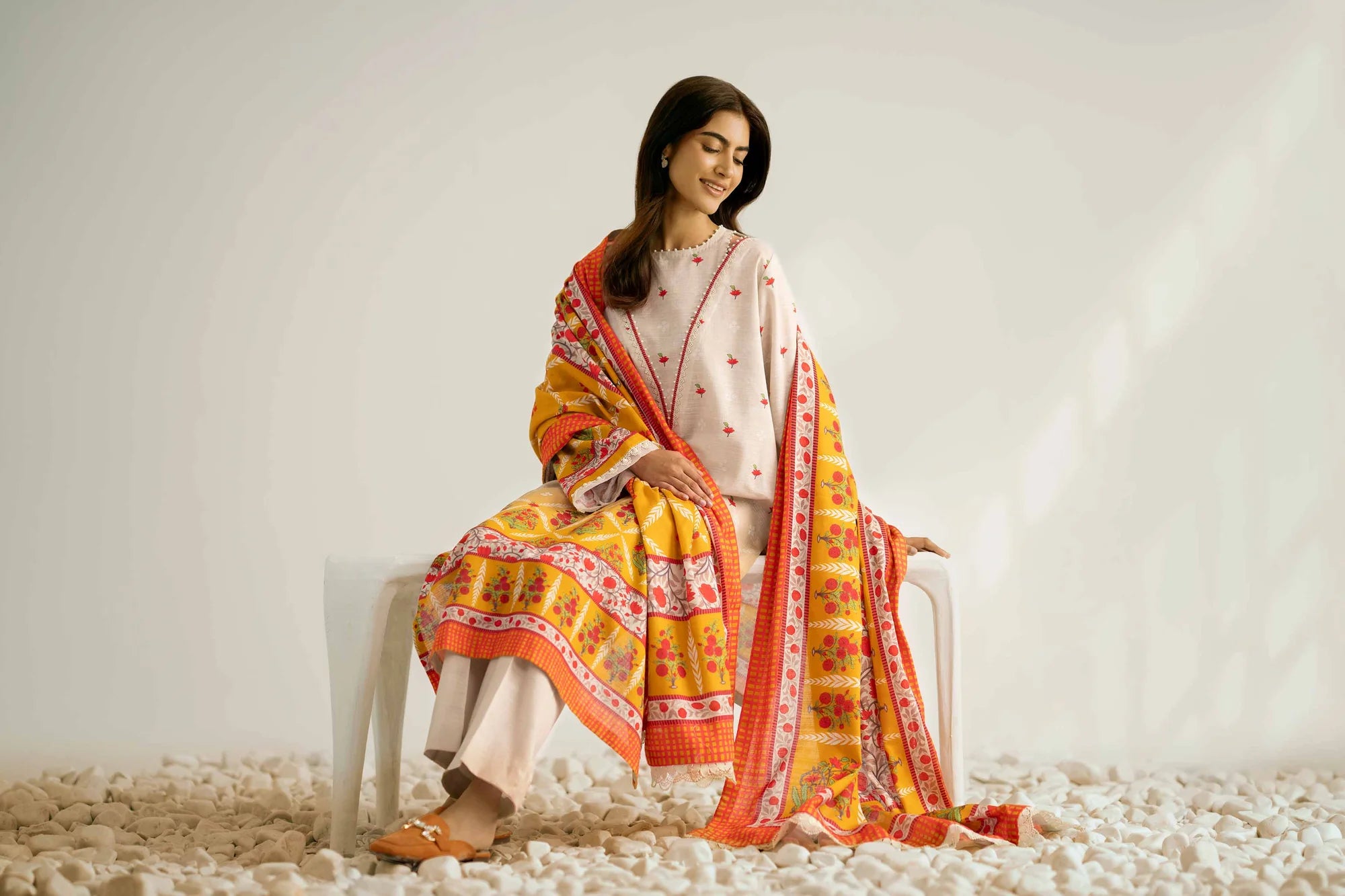 Nishat Linen 3-Piece Digitally Printed Embroidered Suit – Oatmeal & Mustard