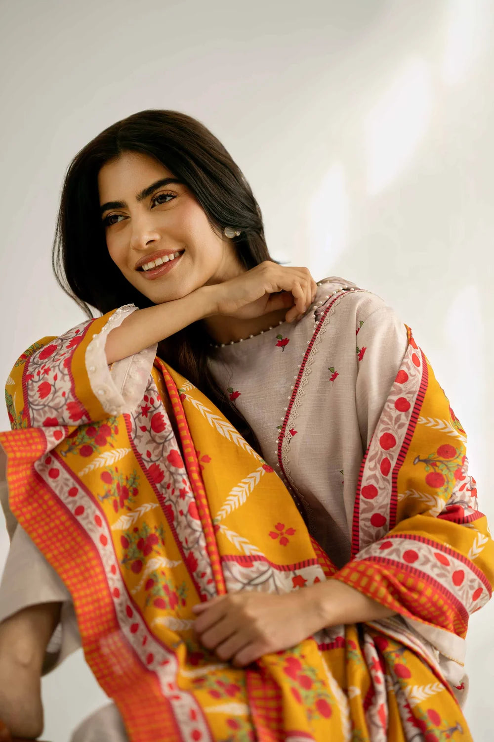 Nishat Linen 3-Piece Digitally Printed Embroidered Suit – Oatmeal & Mustard