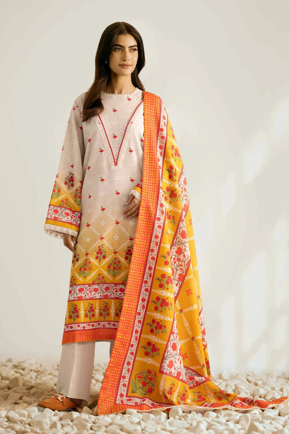 Nishat Linen 3-Piece Digitally Printed Embroidered Suit – Oatmeal & Mustard