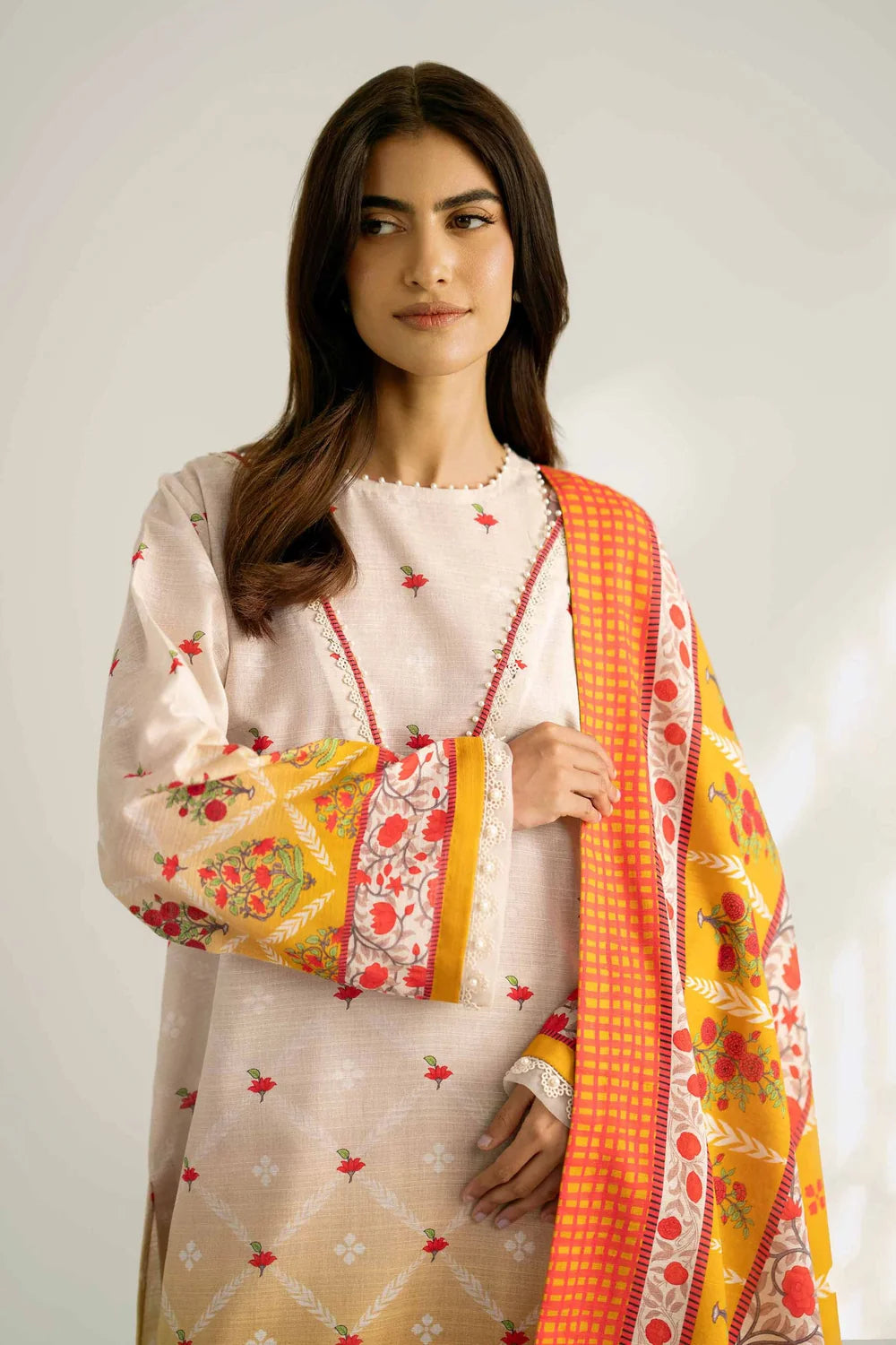 Nishat Linen 3-Piece Digitally Printed Embroidered Suit – Oatmeal & Mustard
