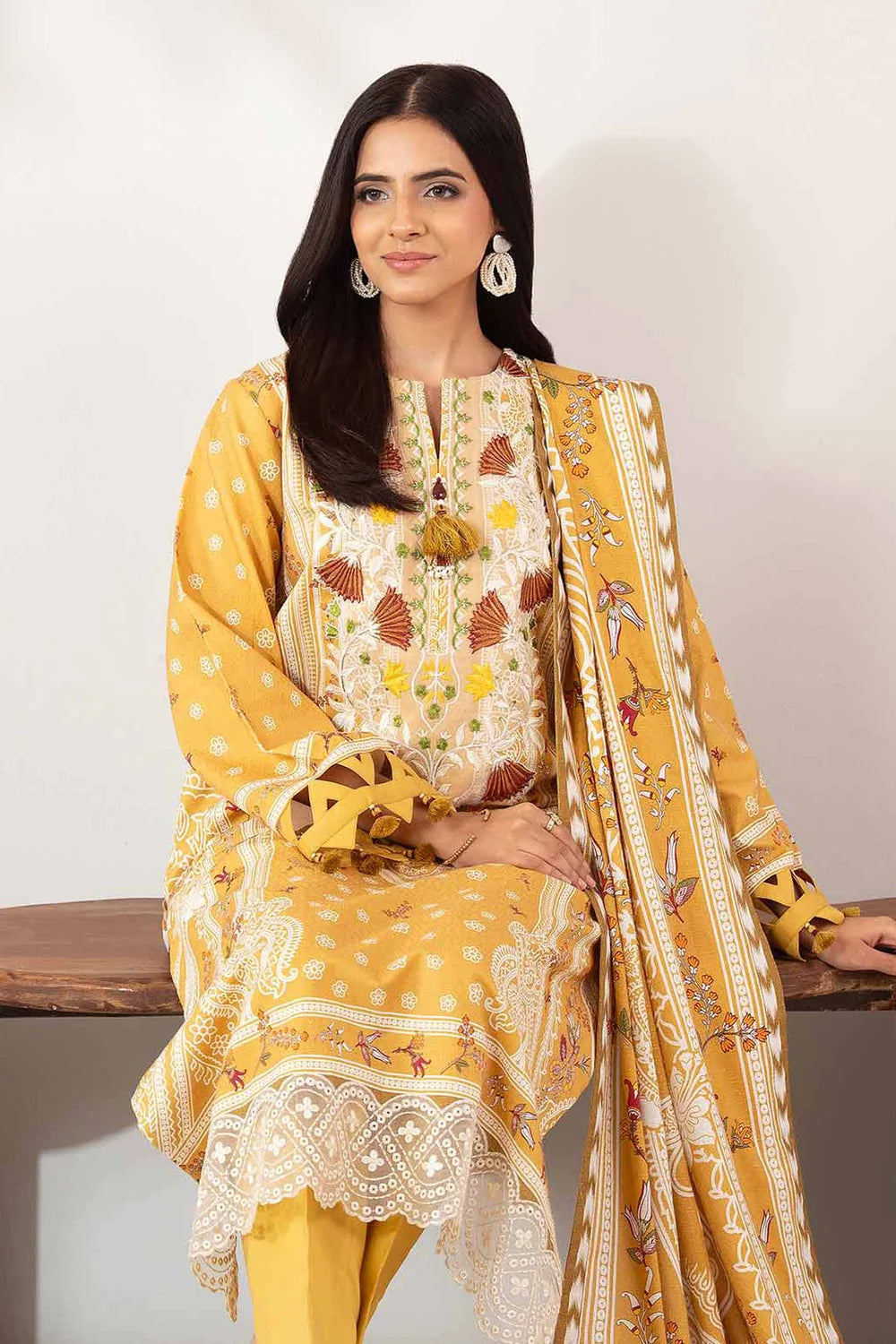 Nishat Linen 3-Piece Digitally Printed Embroidered Suit – Ochre Yellow
