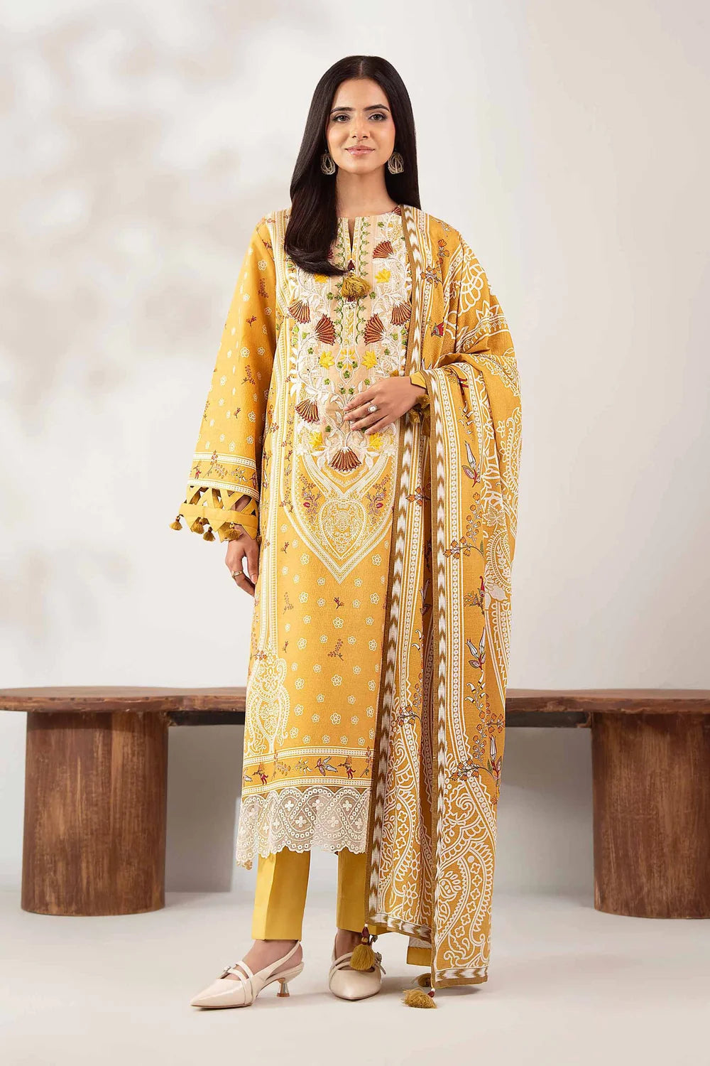 Nishat Linen 3-Piece Digitally Printed Embroidered Suit – Ochre Yellow