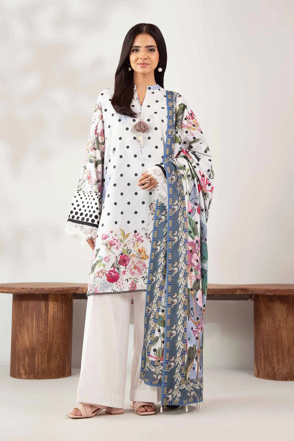 Nishat Linen 3-Piece Printed Lawn Suit – Polka Dot White & Slate Blue