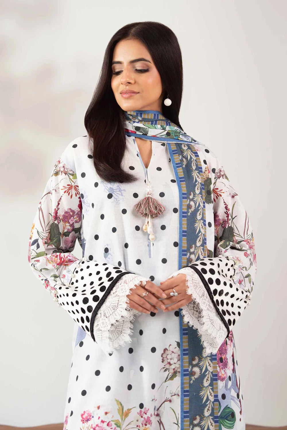 Nishat Linen 3-Piece Printed Lawn Suit – Polka Dot White & Slate Blue
