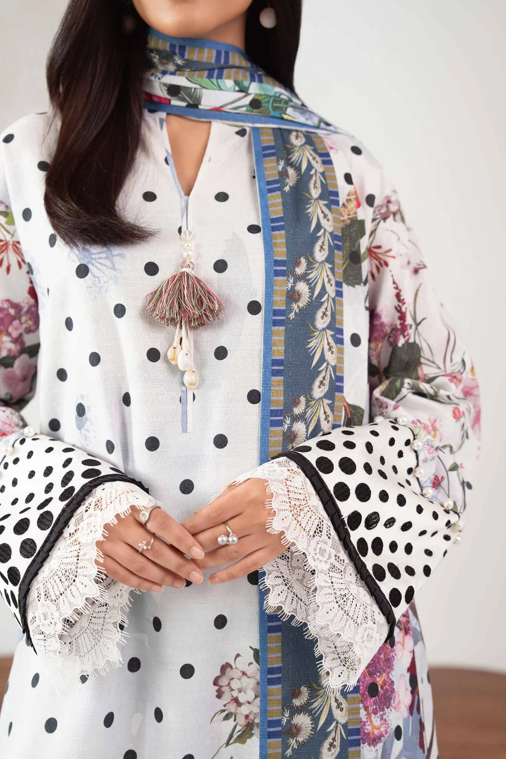 Nishat Linen 3-Piece Printed Lawn Suit – Polka Dot White & Slate Blue