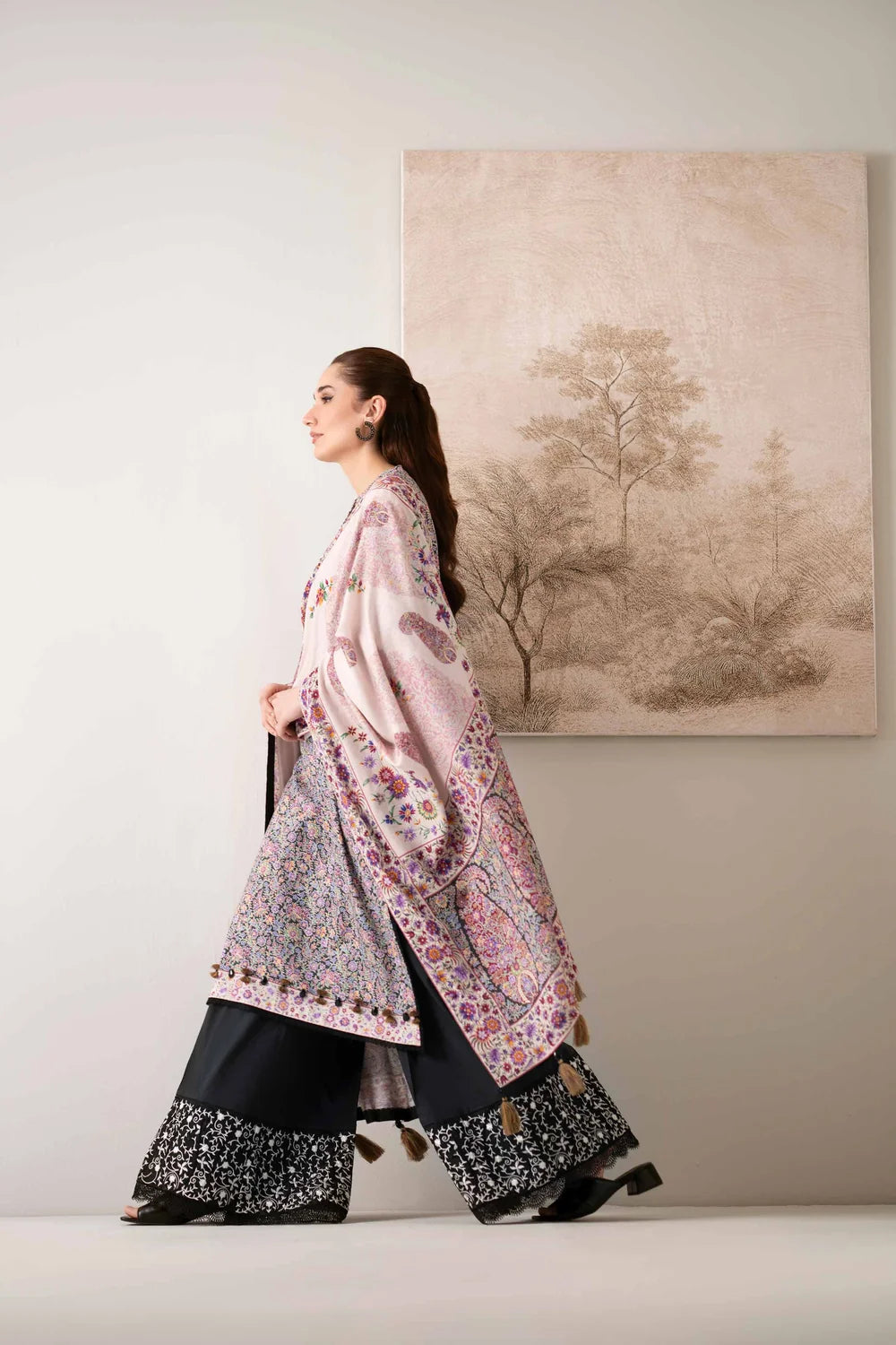 Nishat Linen 3-Piece Digital Printed Embroidered Suit – Charcoal Black & Multi