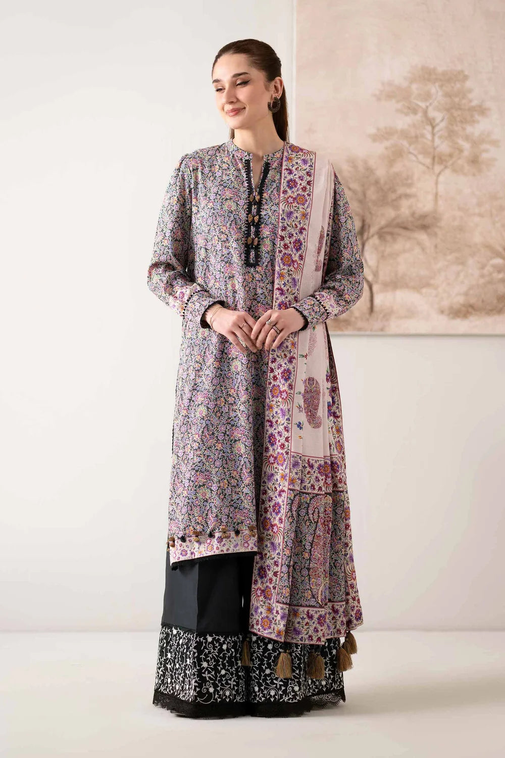 Nishat Linen 3-Piece Digital Printed Embroidered Suit – Charcoal Black & Multi