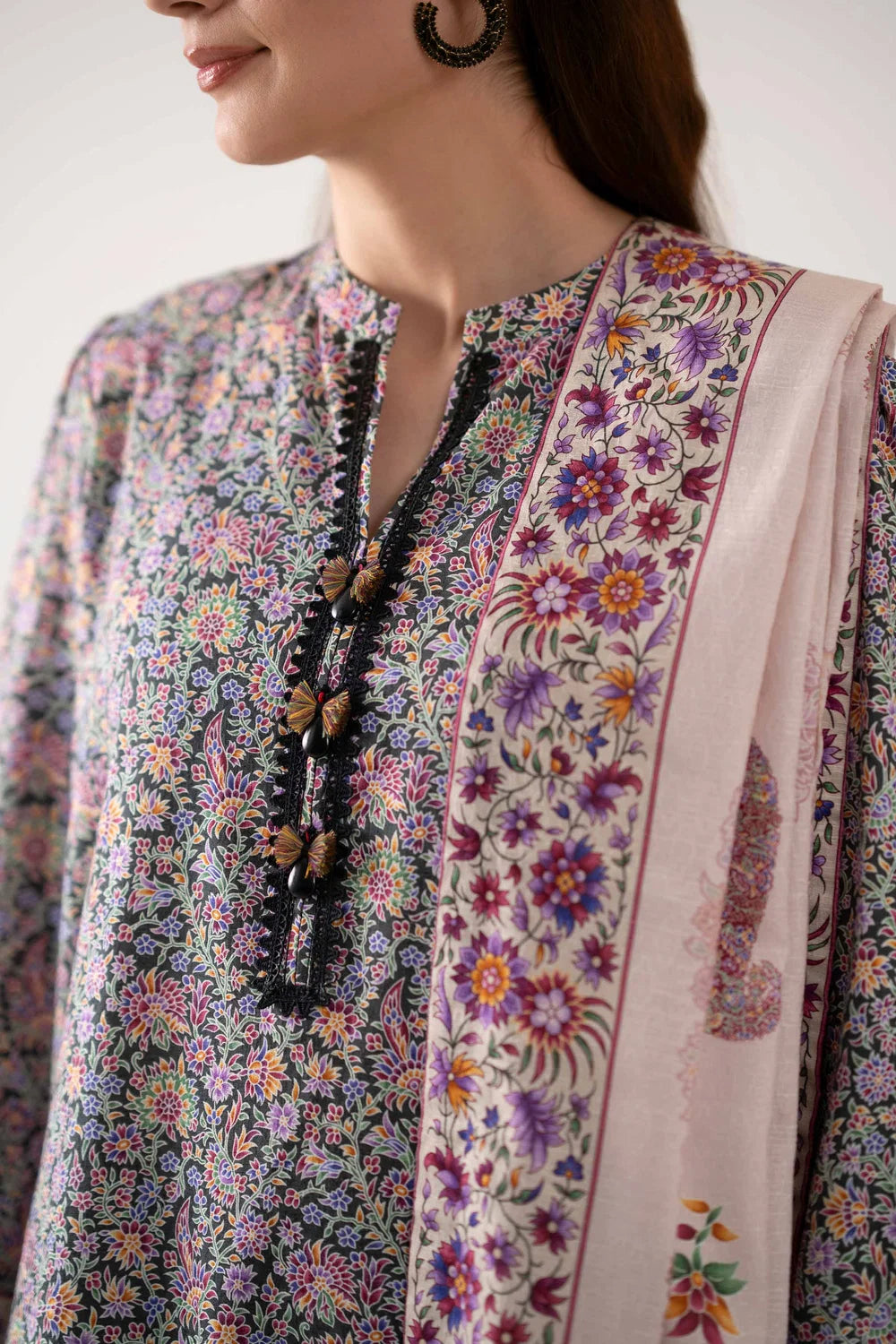 Nishat Linen 3-Piece Digital Printed Embroidered Suit – Charcoal Black & Multi